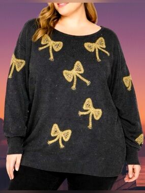 IB Diffusion Women’s Black & Gold Beaded Bow-Tie VINTAGE Knit Sweater⭐️⭐️2X